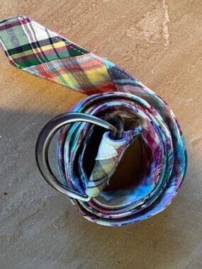LL Bean Women's Madras Plaid Pastels Brights 100% Cotton Double D Ring Belt S/M